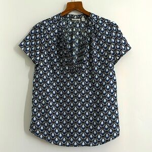 Halogen Blue White Geometric Teardrop Pattern Short Sleeved Shirt